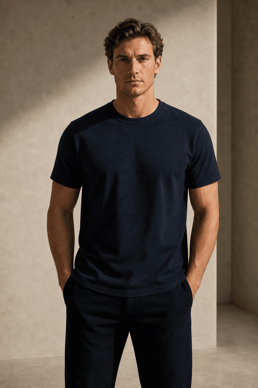 Model wearing the DYRWOLF Navy T-Shirt