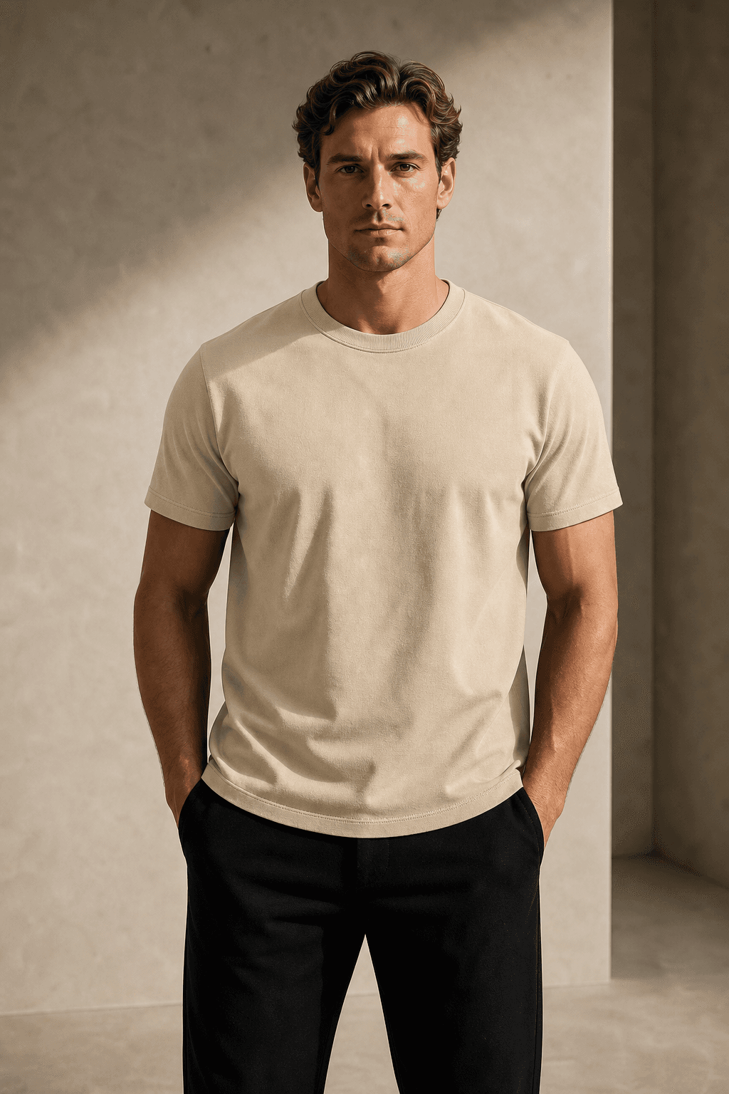 Model wearing the DYRWOLF Sand T-Shirt